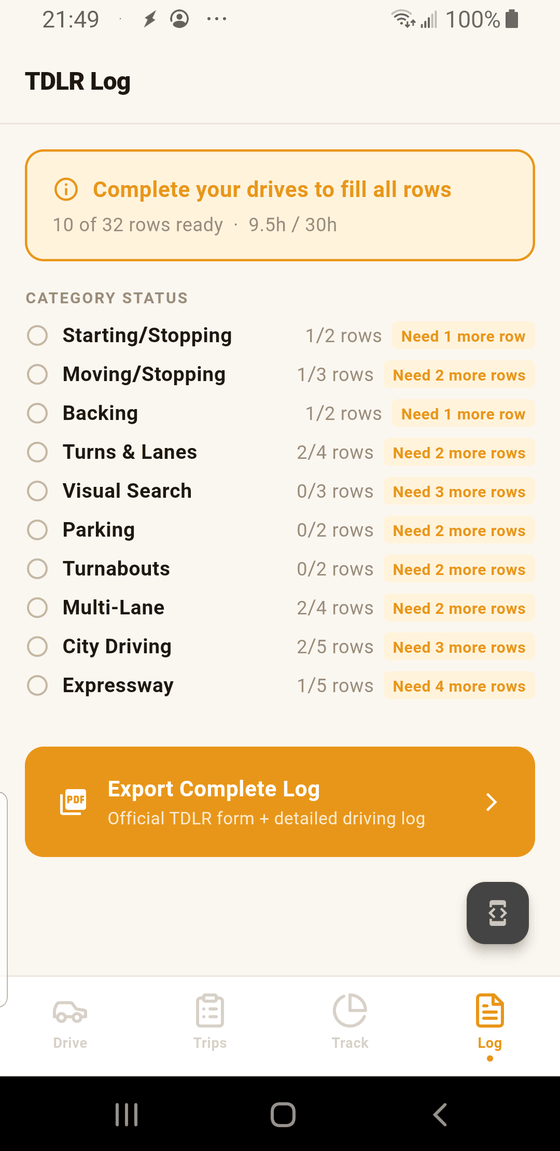TDLR Log page with 10 practice categories