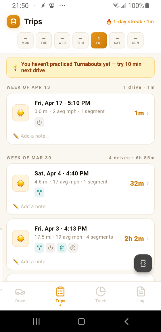 Trips history grouped by week